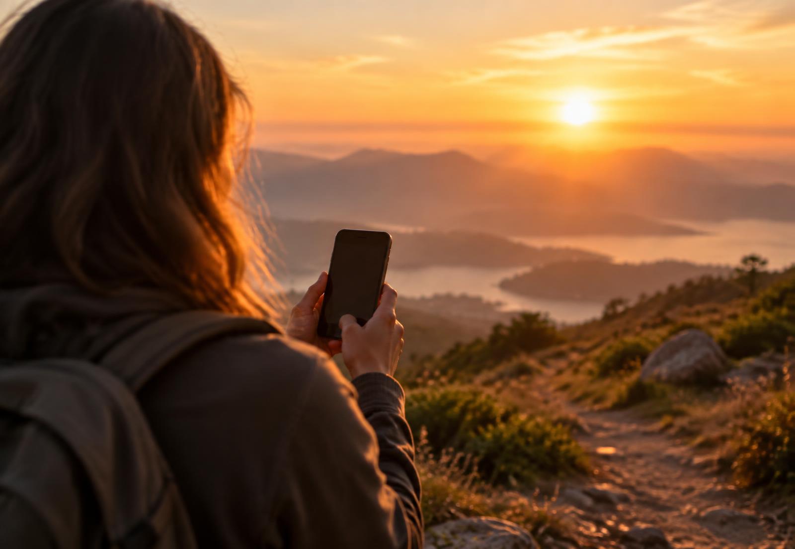 Someone reading a micro-website on their phone at sunrise